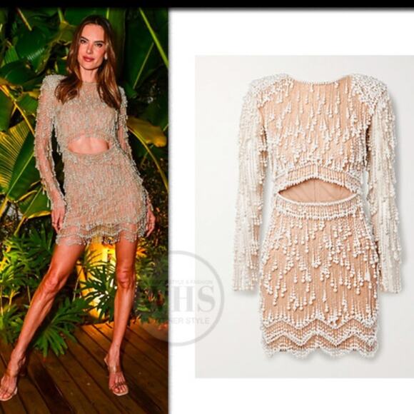 NWOT Patbo FULLY BEADED PEARL CUT-OUT Long Sleeve illusion COCKTAIL DRESS sz 2 - Picture 5 of 9